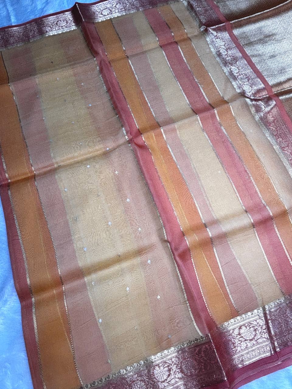 Rust and Amber gradient Handwoven Banarasi Kora Silk Rungkaat Saree with Floral Zari Borders
