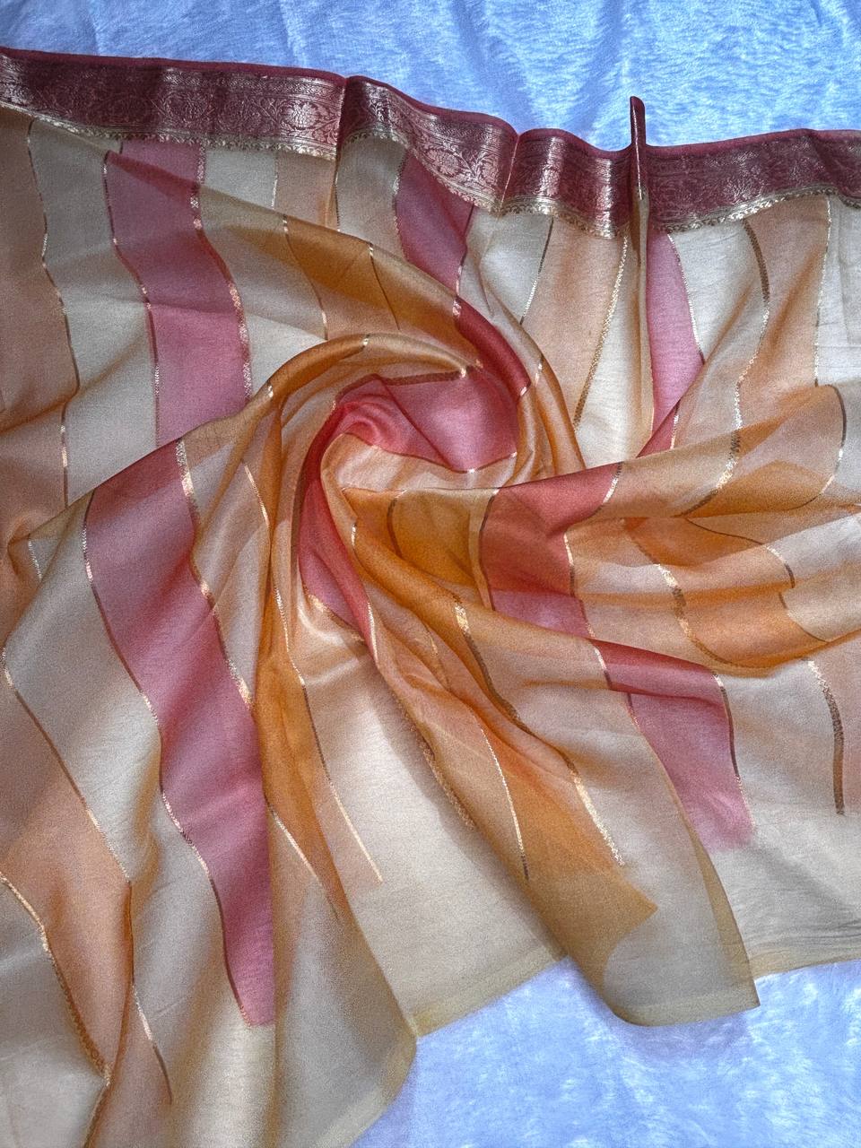 Rust and Amber gradient Handwoven Banarasi Kora Silk Rungkaat Saree with Floral Zari Borders