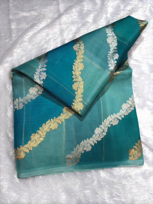 Handwoven Banarasi Kora Silk Rungkaat Saree with Floral Bel and Kadhua Butas