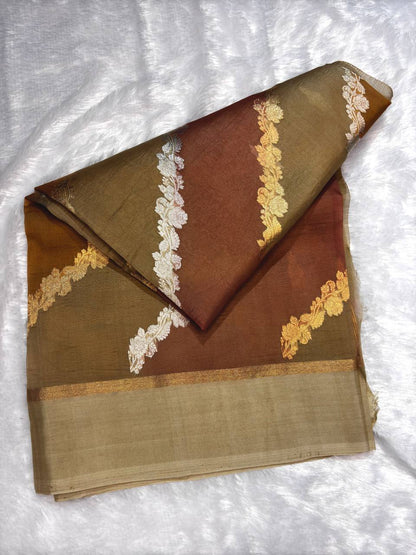 Coffee Brown Banarasi Kora Silk Rungkaat Saree with Scalloped Floral Bel and Zari Borders