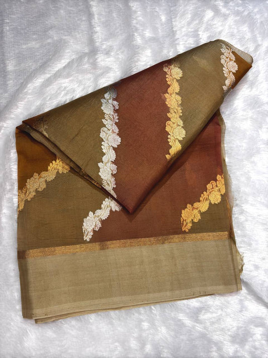 Coffee Brown Banarasi Kora Silk Rungkaat Saree with Scalloped Floral Bel and Zari Borders