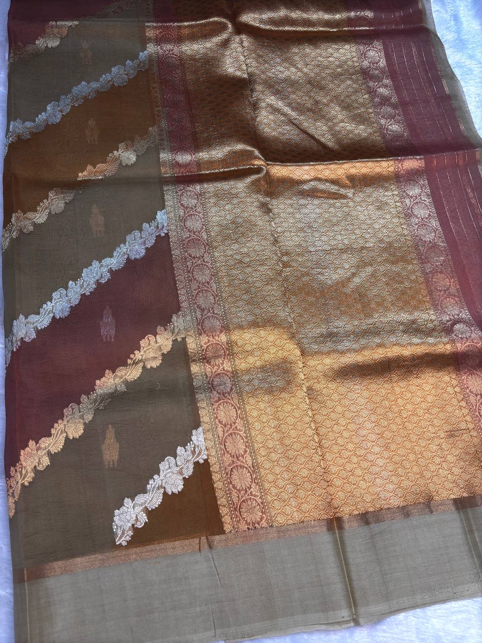Coffee Brown Banarasi Kora Silk Rungkaat Saree with Scalloped Floral Bel and Zari Borders