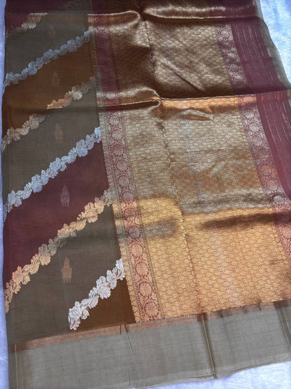 Coffee Brown Banarasi Kora Silk Rungkaat Saree with Scalloped Floral Bel and Zari Borders
