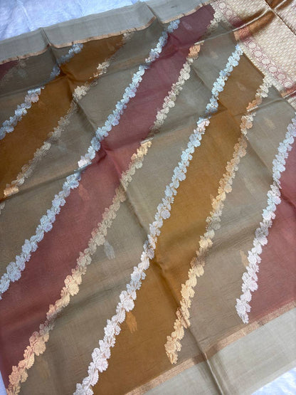 Coffee Brown Banarasi Kora Silk Rungkaat Saree with Scalloped Floral Bel and Zari Borders