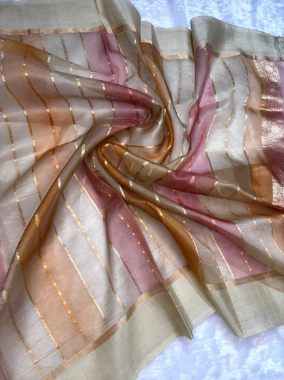 Coffee Brown Banarasi Kora Silk Rungkaat Saree with Scalloped Floral Bel and Zari Borders