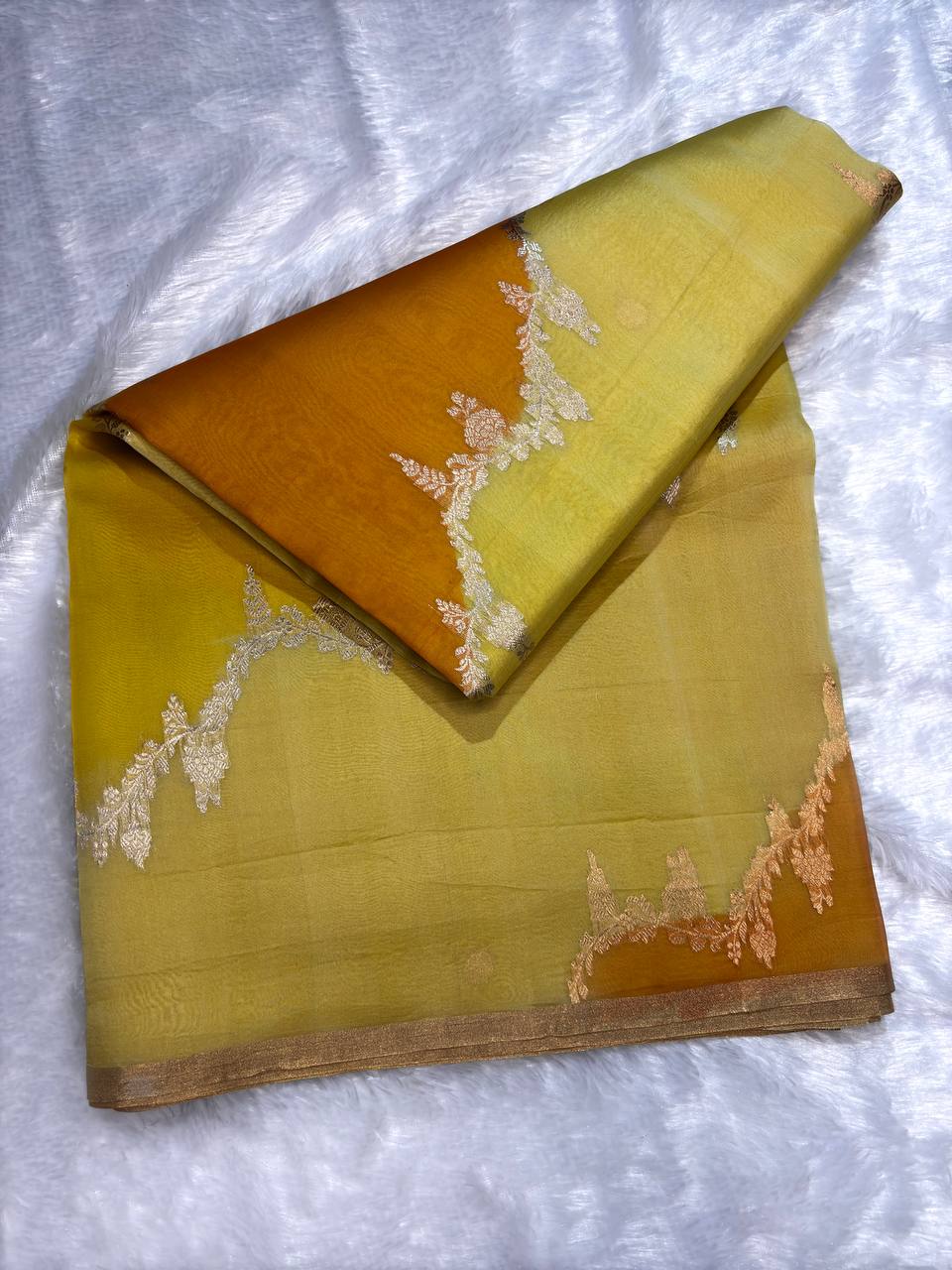 Mustard Yellow, Amber, and Peach Gradient Kora Silk Rungkaat Saree with Scalloped Zari Vines