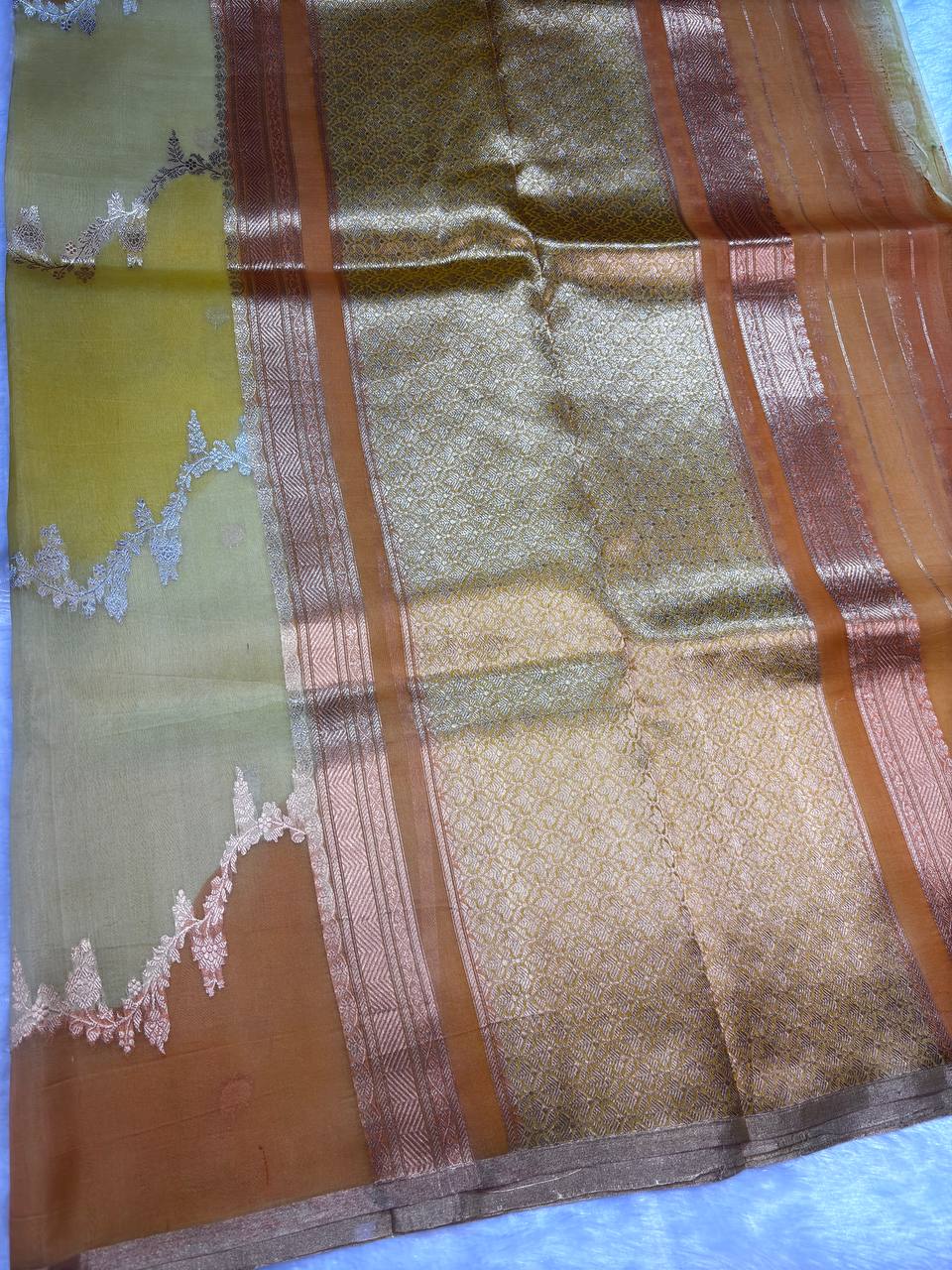 Mustard Yellow, Amber, and Peach Gradient Kora Silk Rungkaat Saree with Scalloped Zari Vines