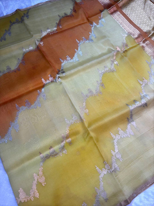 Mustard Yellow, Amber, and Peach Gradient Kora Silk Rungkaat Saree with Scalloped Zari Vines
