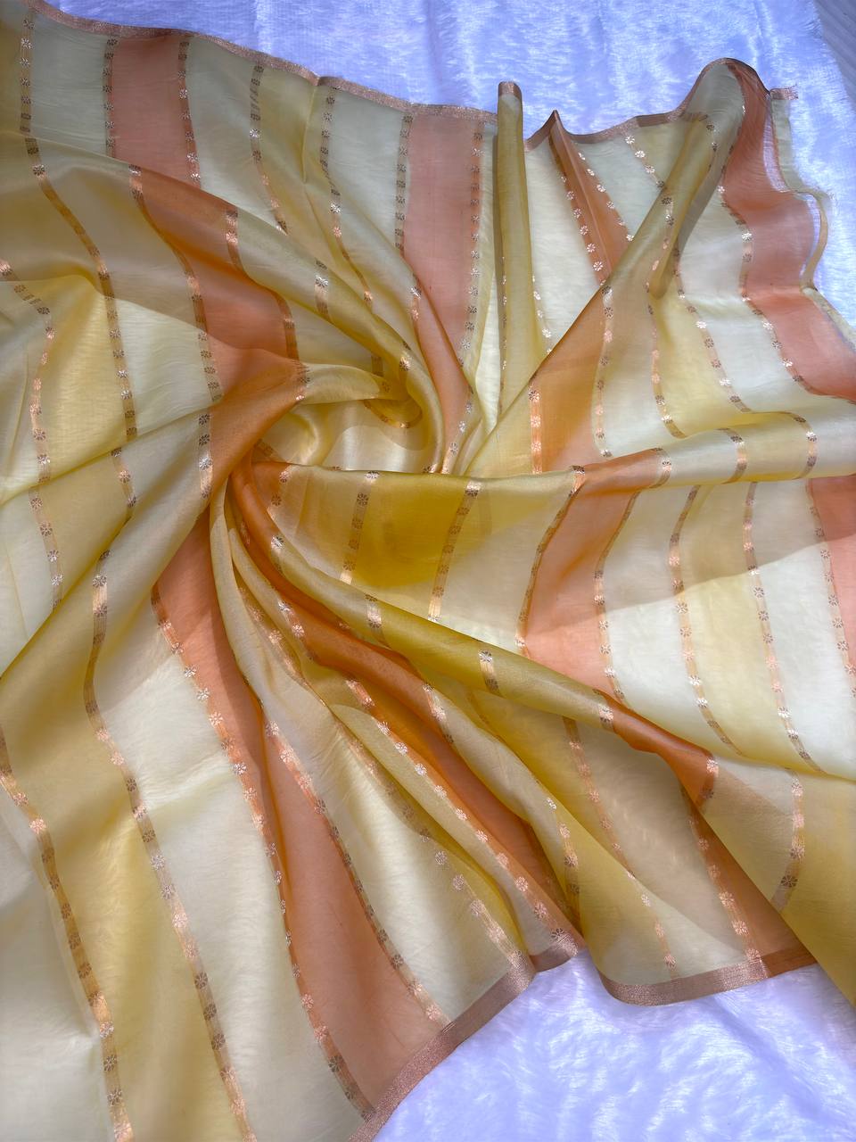 Mustard Yellow, Amber, and Peach Gradient Kora Silk Rungkaat Saree with Scalloped Zari Vines