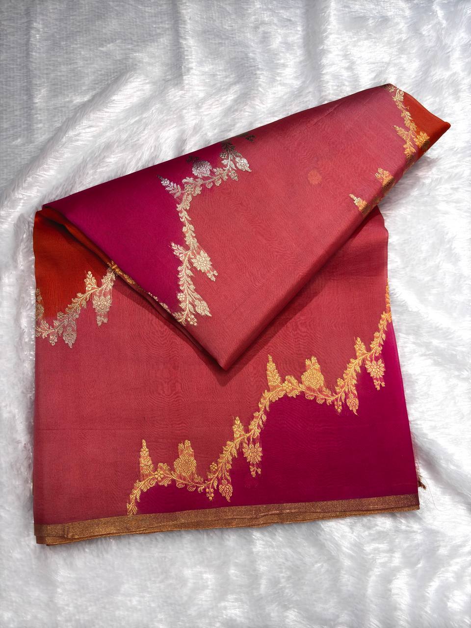 Rani Pink, Sunset Orange, and Peach Gradient Kora Silk Rungkaat Saree with Scalloped Zari Bel and Stripes