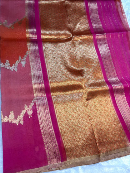 Rani Pink, Sunset Orange, and Peach Gradient Kora Silk Rungkaat Saree with Scalloped Zari Bel and Stripes
