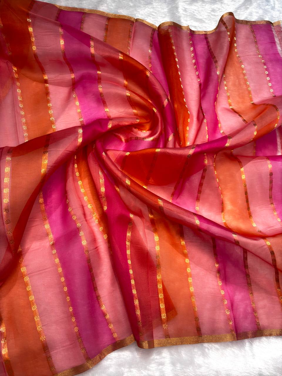 Rani Pink, Sunset Orange, and Peach Gradient Kora Silk Rungkaat Saree with Scalloped Zari Bel and Stripes