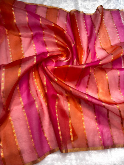 Rani Pink, Sunset Orange, and Peach Gradient Kora Silk Rungkaat Saree with Scalloped Zari Bel and Stripes