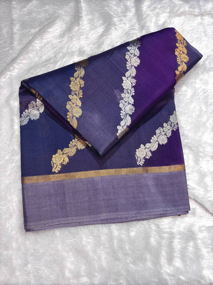 Banarasi Kora Silk Rungkaat Saree with Scalloped Floral Bel and Kadhua Borders
