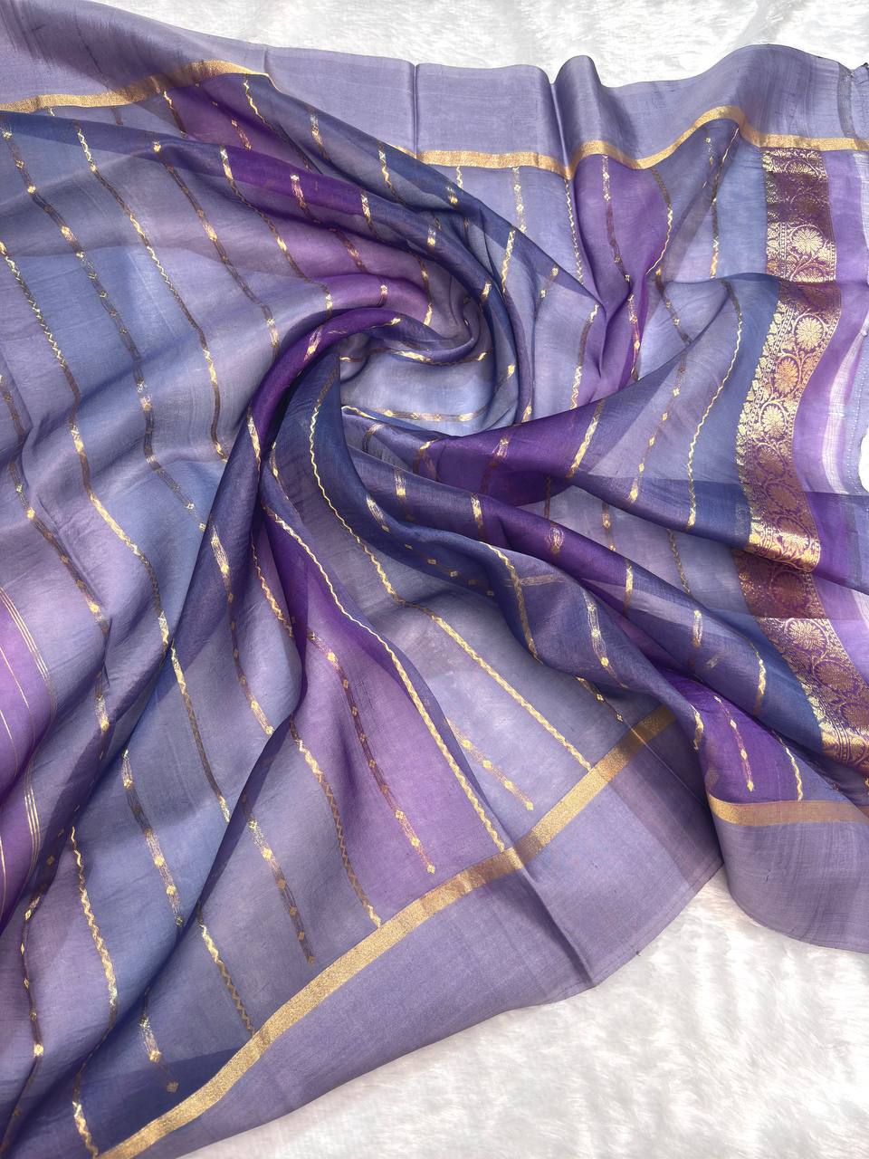 Banarasi Kora Silk Rungkaat Saree with Scalloped Floral Bel and Kadhua Borders