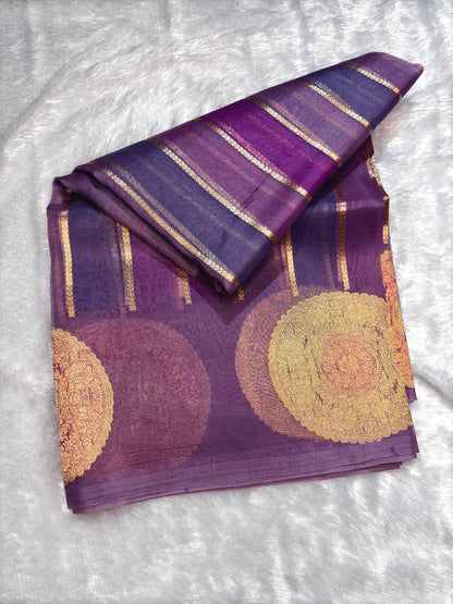Royal Purple, Violet, and Lavender Gradient Kora Rungkaat Saree with Mandala Motifs and Kadhua Borders