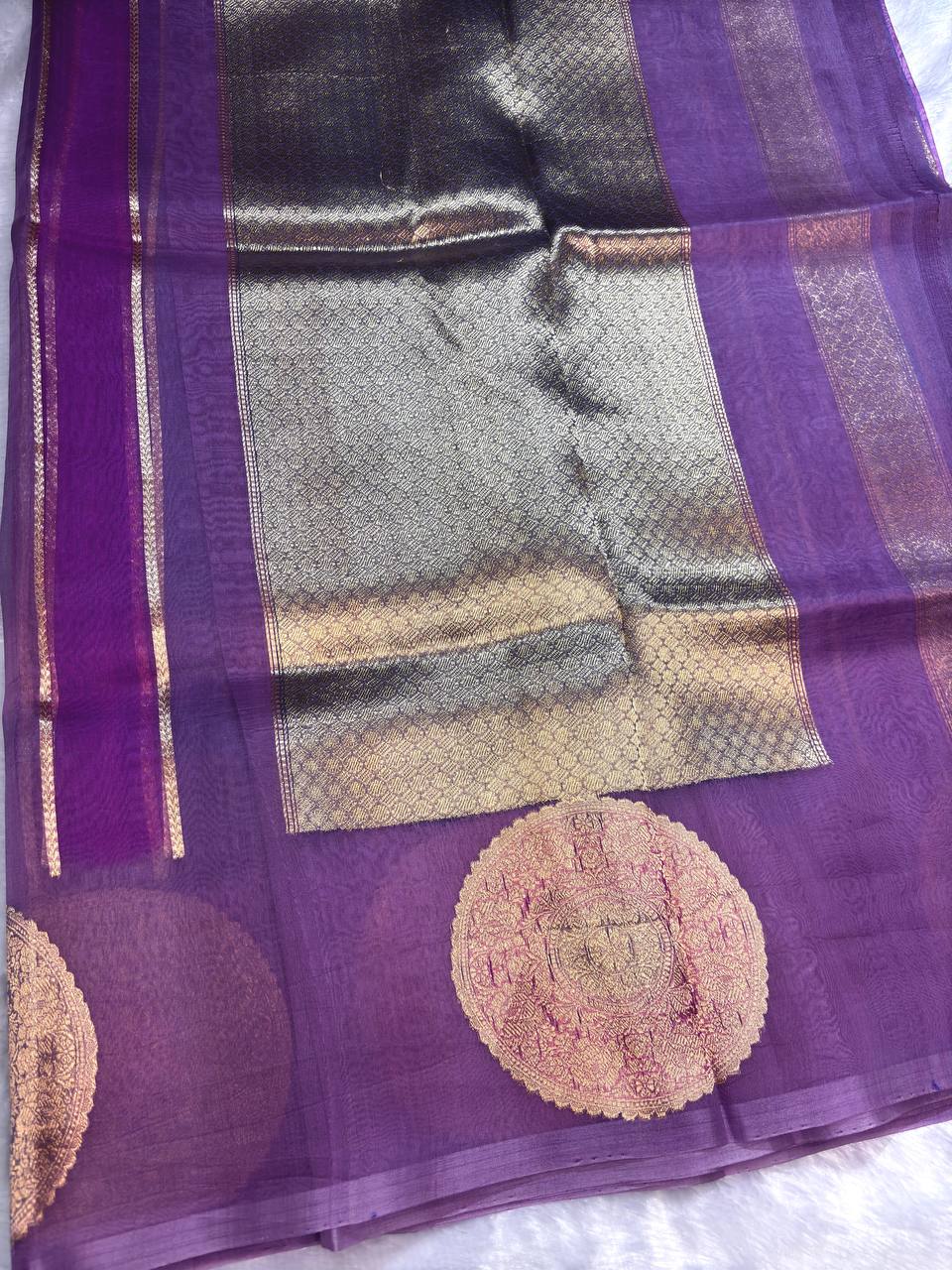 Royal Purple, Violet, and Lavender Gradient Kora Rungkaat Saree with Mandala Motifs and Kadhua Borders