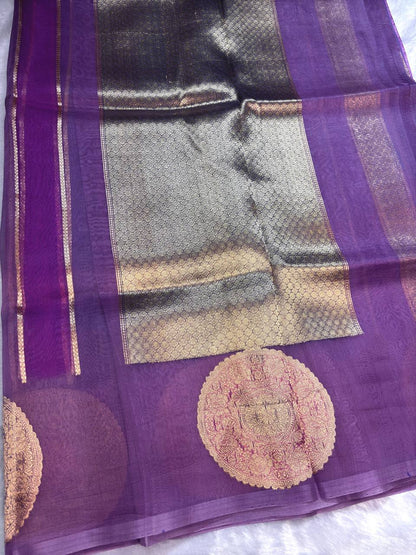 Royal Purple, Violet, and Lavender Gradient Kora Rungkaat Saree with Mandala Motifs and Kadhua Borders