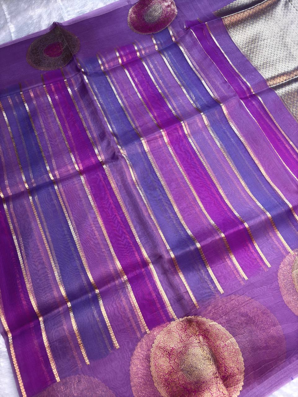 Royal Purple, Violet, and Lavender Gradient Kora Rungkaat Saree with Mandala Motifs and Kadhua Borders