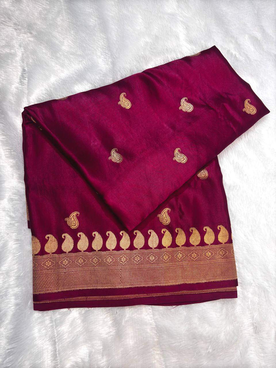 Royal Magenta Mashru Silk Saree with Antique Gold Zari Buta and Paisley Border