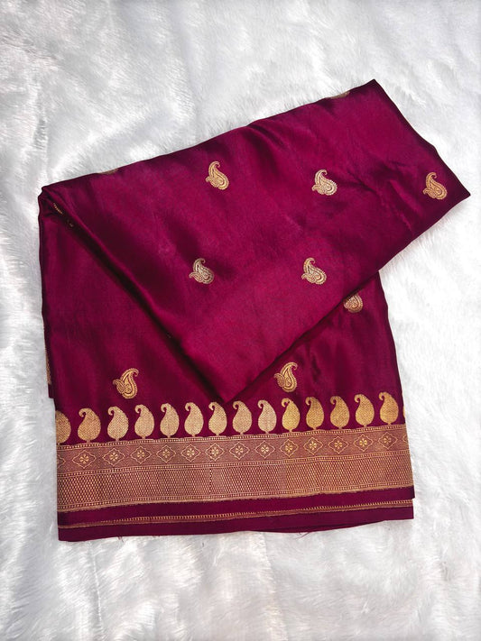 Royal Magenta Mashru Silk Saree with Antique Gold Zari Buta and Paisley Border