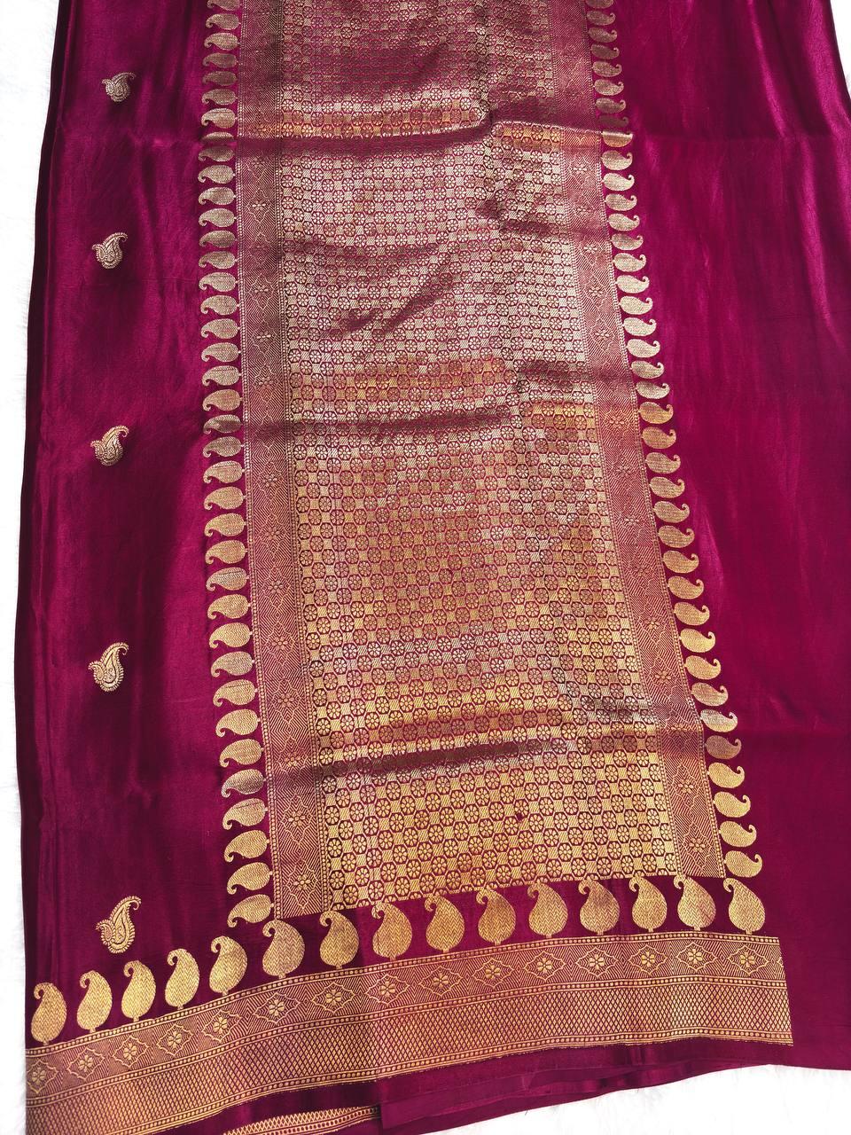 Royal Magenta Mashru Silk Saree with Antique Gold Zari Buta and Paisley Border
