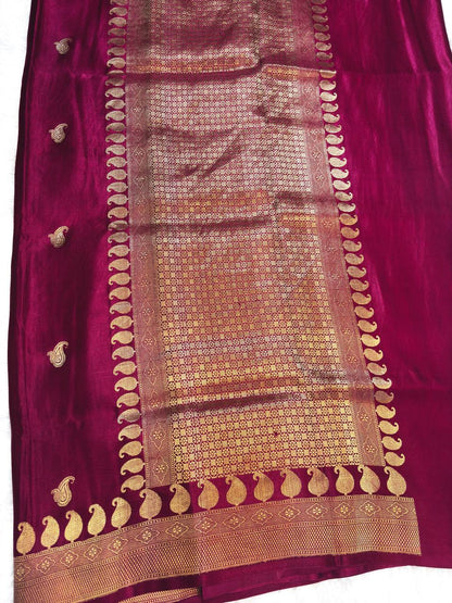Royal Magenta Mashru Silk Saree with Antique Gold Zari Buta and Paisley Border
