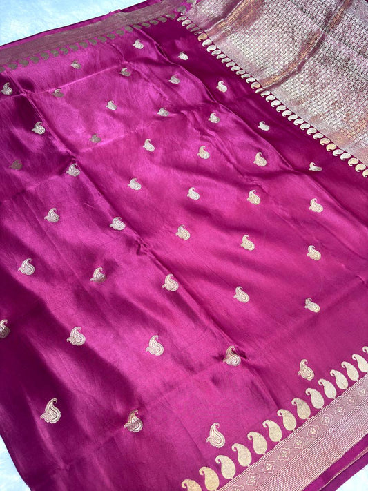 Royal Magenta Mashru Silk Saree with Antique Gold Zari Buta and Paisley Border