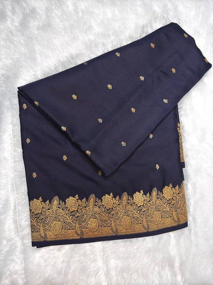 Midnight Navy Mashru Silk Saree with Floral Vine Border and Antique Zari Buti