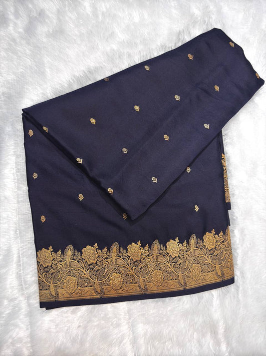 Midnight Navy Mashru Silk Saree with Floral Vine Border and Antique Zari Buti