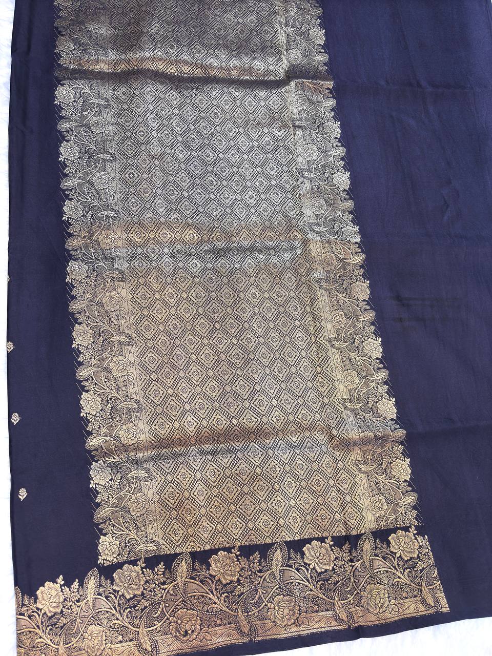 Midnight Navy Mashru Silk Saree with Floral Vine Border and Antique Zari Buti