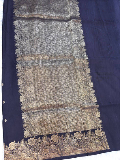 Midnight Navy Mashru Silk Saree with Floral Vine Border and Antique Zari Buti