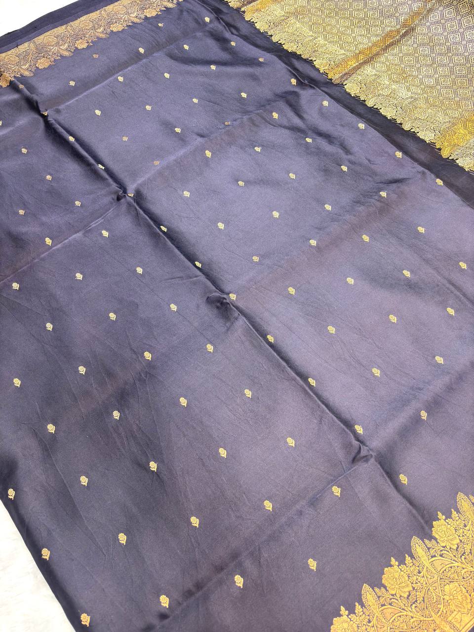 Midnight Navy Mashru Silk Saree with Floral Vine Border and Antique Zari Buti