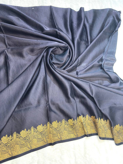 Midnight Navy Mashru Silk Saree with Floral Vine Border and Antique Zari Buti