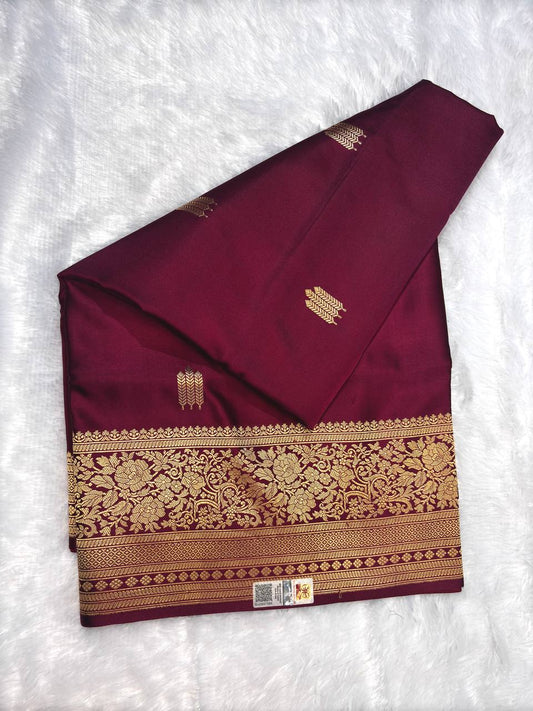 Wine Maroon Mashru Silk Saree with Arrowhead Buti and Elaborate Floral Zari Border