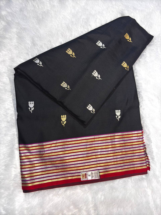 Jet Black Mashru Silk Saree with Multicolored Zari Stripes and Tulip Buti