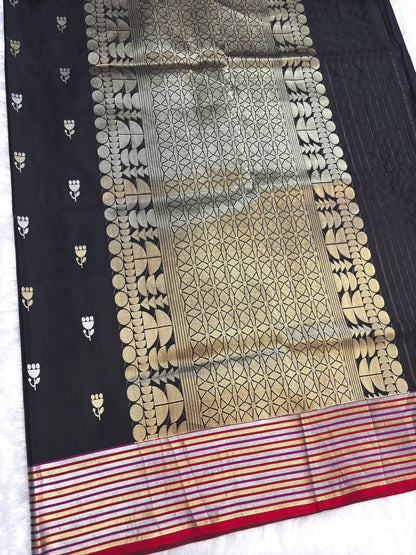 Jet Black Mashru Silk Saree with Multicolored Zari Stripes and Tulip Buti