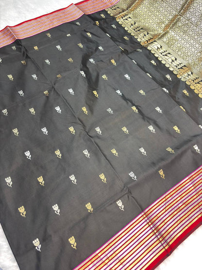 Jet Black Mashru Silk Saree with Multicolored Zari Stripes and Tulip Buti
