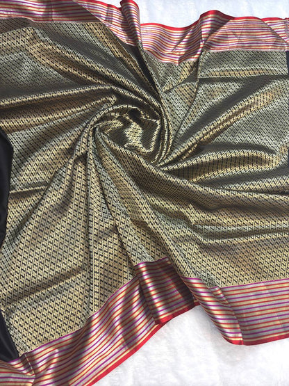 Jet Black Mashru Silk Saree with Multicolored Zari Stripes and Tulip Buti