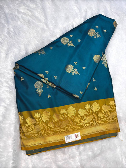 Peacock Blue Mashru Silk Saree with Mustard Contrast Floral Border and Silver-Gold Buta