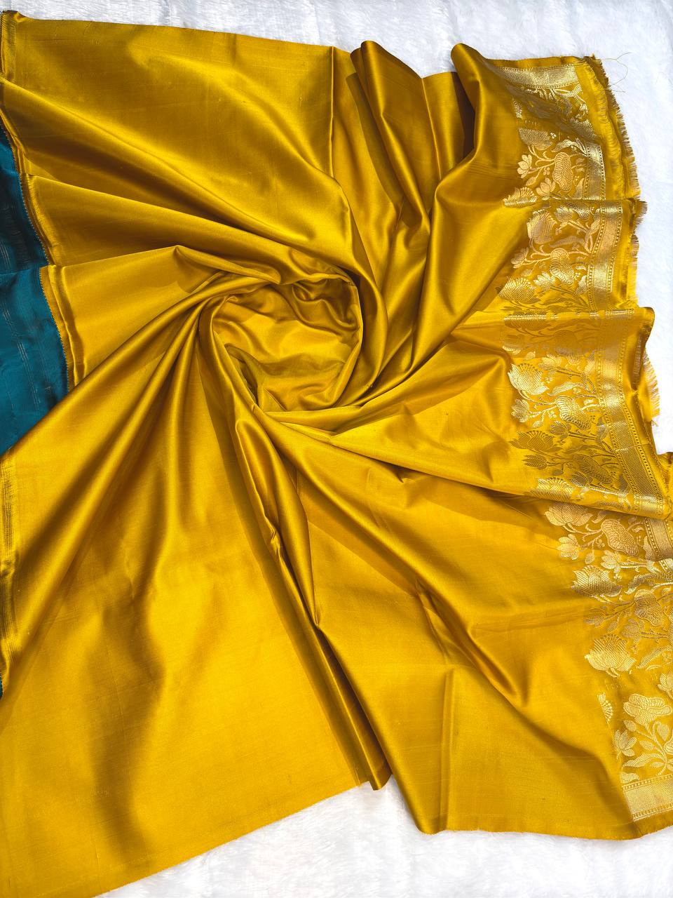 Peacock Blue Mashru Silk Saree with Mustard Contrast Floral Border and Silver-Gold Buta