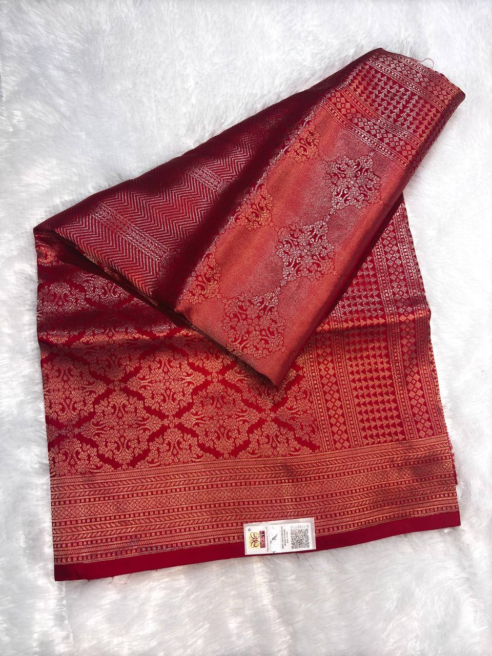 Exquisite Crimson Red Banarasi Brocade Silk Saree