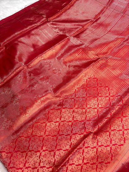 Exquisite Crimson Red Banarasi Brocade Silk Saree