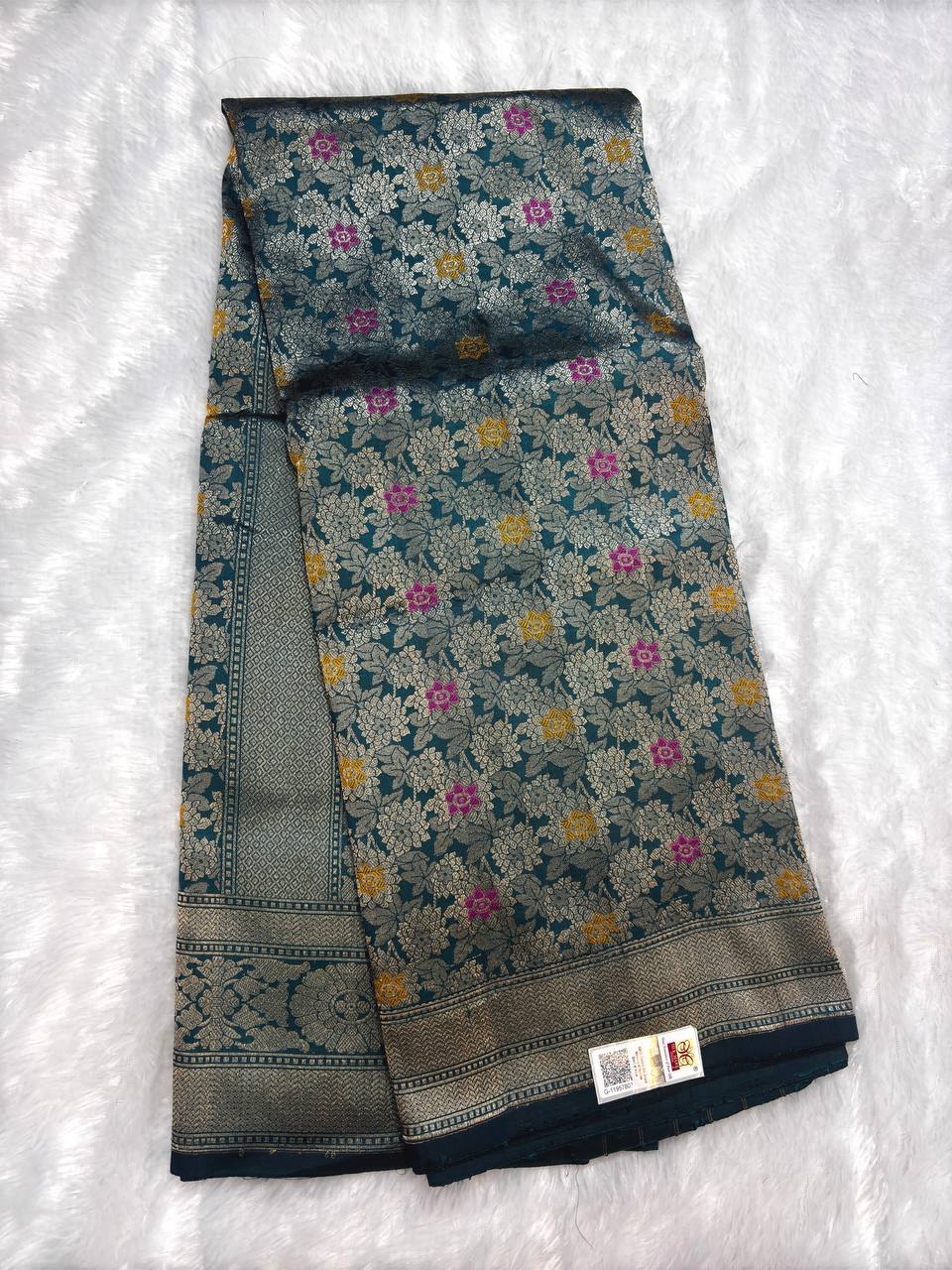 Teal Blue Banarasi Katan Silk Meenakari Brocade Saree