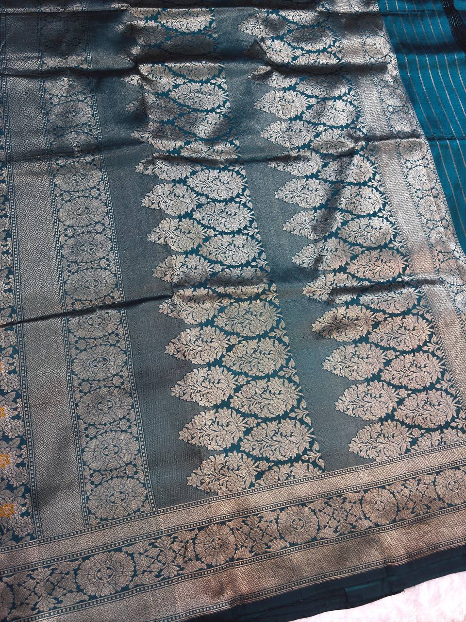 Teal Blue Banarasi Katan Silk Meenakari Brocade Saree