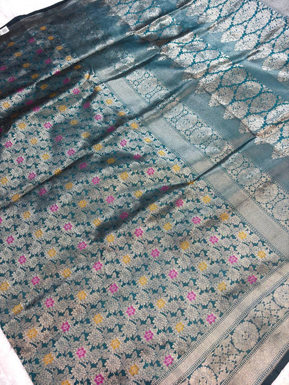 Teal Blue Banarasi Katan Silk Meenakari Brocade Saree