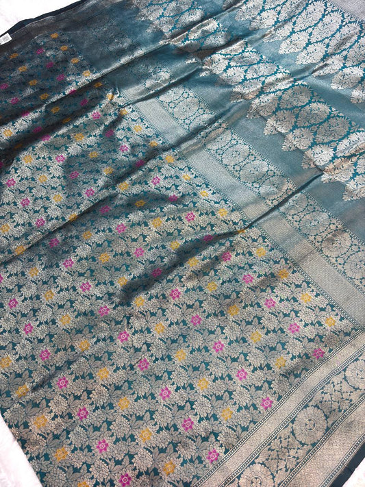 Teal Blue Banarasi Katan Silk Meenakari Brocade Saree