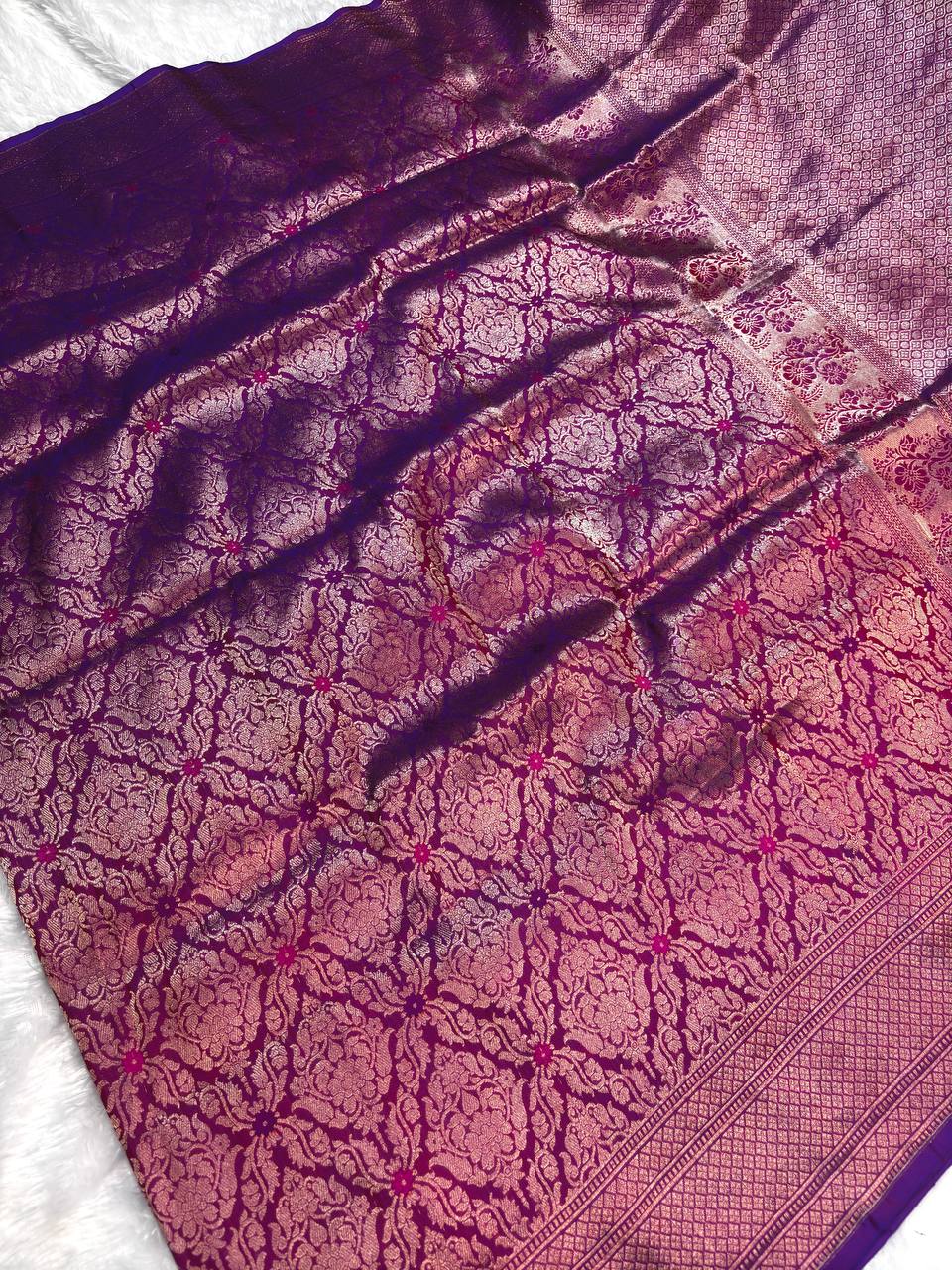 Majestic Tyrian Purple Banarasi Katan Silk Brocade Saree