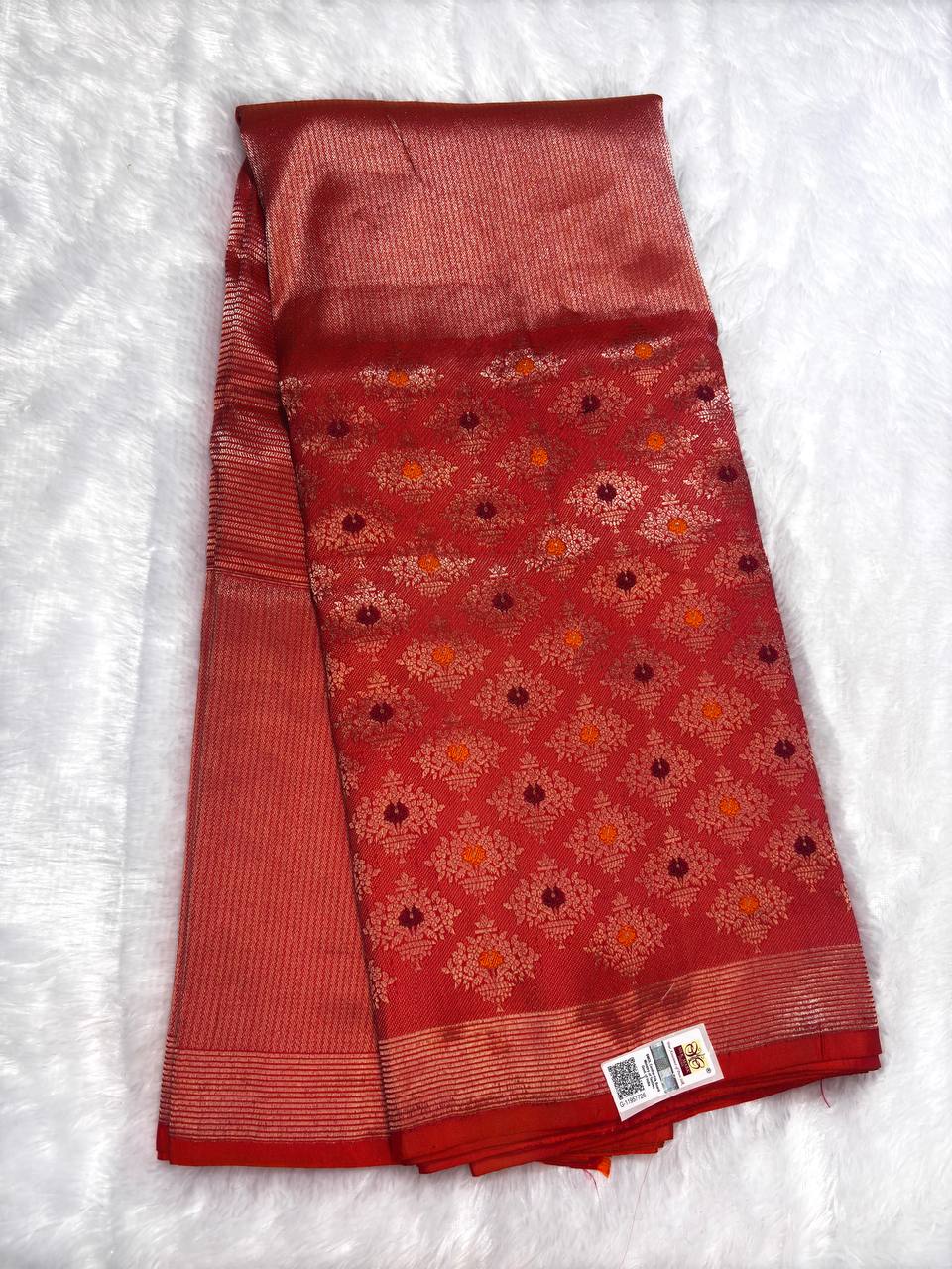 Vibrant Vermillion Banarasi Tissue Silk Brocade Saree