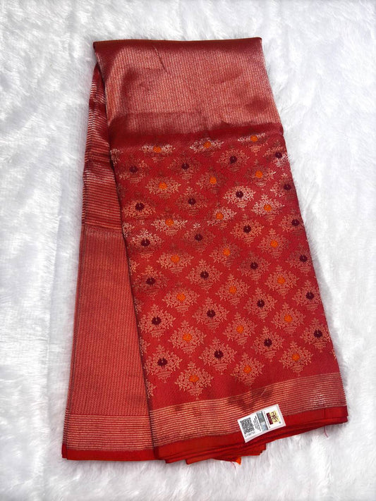 Vibrant Vermillion Banarasi Tissue Silk Brocade Saree